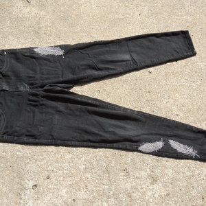 Black Jeans with Silver Feather Decal